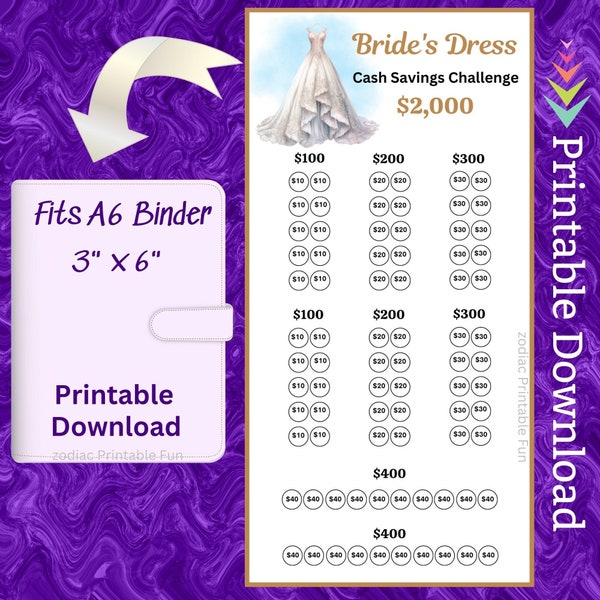 A6 Wedding Dress Savings Challenge Printable Insert for Princess Bride Elegant Satin Fairytale Unique Wedding Dress for Bridal Gown Fund