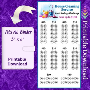 May include: Printable house cleaning service cash savings challenge chart. The chart is designed to fit a 3 inch by 6 inch A6 binder. The chart has four columns with a $10 goal for each column. Each column has 10 rows with a $1 goal for each row. The chart is purple and white with a cleaning supplies illustration at the top.