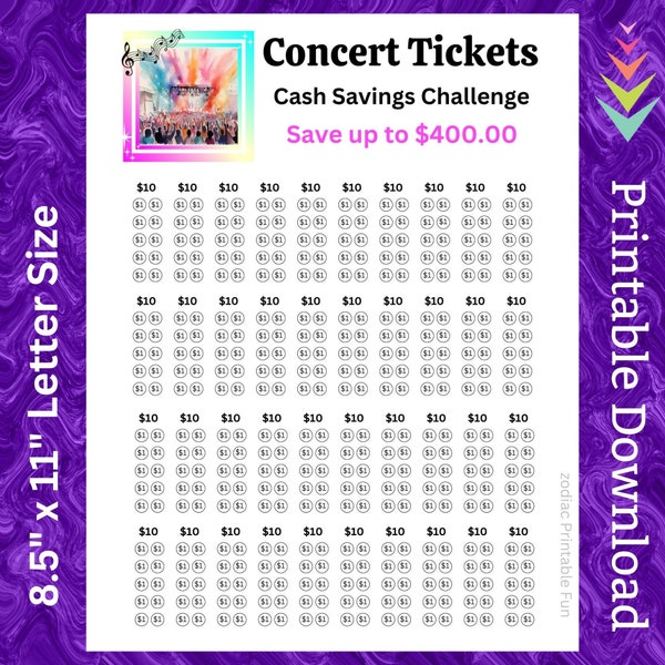 Concert Tickets Savings Challenge Printable Music Festival Event Planner Money Saving Fund Tracker for Concert fan for Teen Men Women Kids