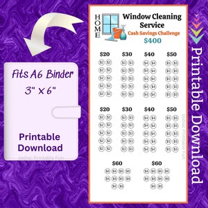 Puede incluir: Gráfico imprimible de desafío de ahorro de efectivo para un servicio de limpieza de ventanas. El gráfico está diseñado para caber en una carpeta A6 de 7,6 cm por 15,2 cm. El gráfico tiene un fondo morado y presenta un icono de limpieza de ventanas. El gráfico incluye un objetivo de 400 € y varios puntos de precio para los servicios.