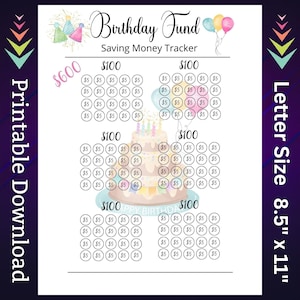 Sfida di risparmio di compleanno stampabile per il fondo di risparmio di denaro di buon compleanno per la celebrazione della festa dei bambini Budget in contanti per i regali di famiglia
