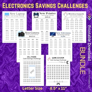 Elektronik Geld sparen Herausforderungen Printable Bundle Laptop Drucker Ersparnisse Tracker Earpods Kamera Fernsehen TV Ersparnisse Goal Phone Gaming