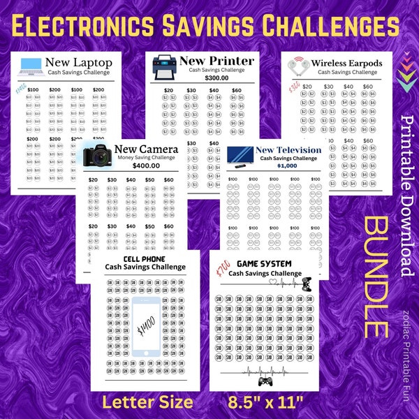 Electronics Money Saving Challenges Printable Bundle Laptop Printer Savings Tracker Earpods Camera Television TV Savings Goal Phone Gaming