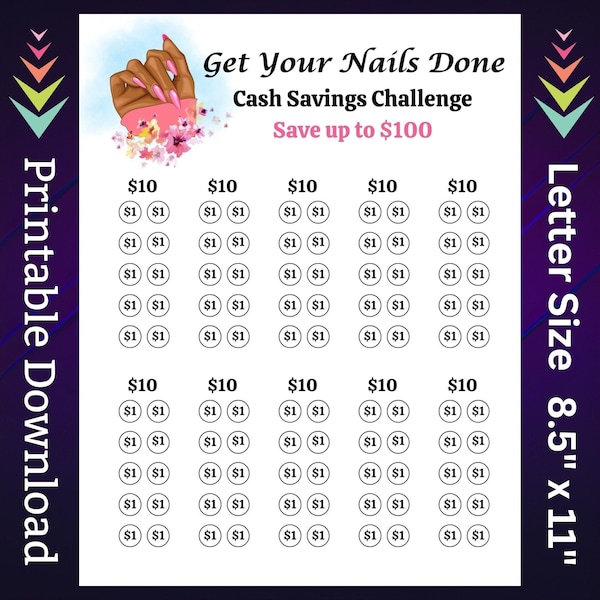 False Nails Savings Challenge Printable for Nail Salon Monthly Budget Cash Savings Tracker for Women Beauty Salon Gel Nails Set Money Saving