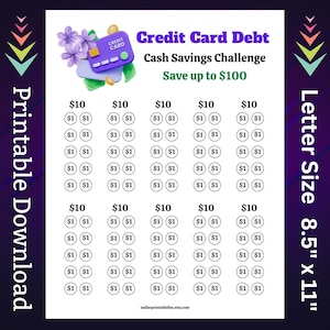 Debt Tracker Savings Challenge Imprimible para pago de tarjetas de crédito Ahorro de dinero Fondos de amortización para cheques de pago familiares Presupuesto para pago de facturas 100