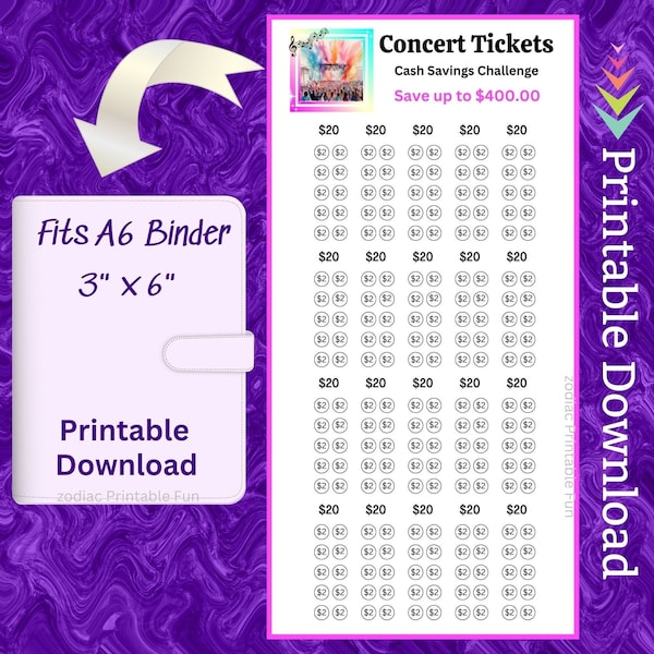 A6 Concert Tickets Savings Challenge Printable Music Festival Event Planner Money Saving Fund Tracker for Concert fan for Teen Men Women Kid