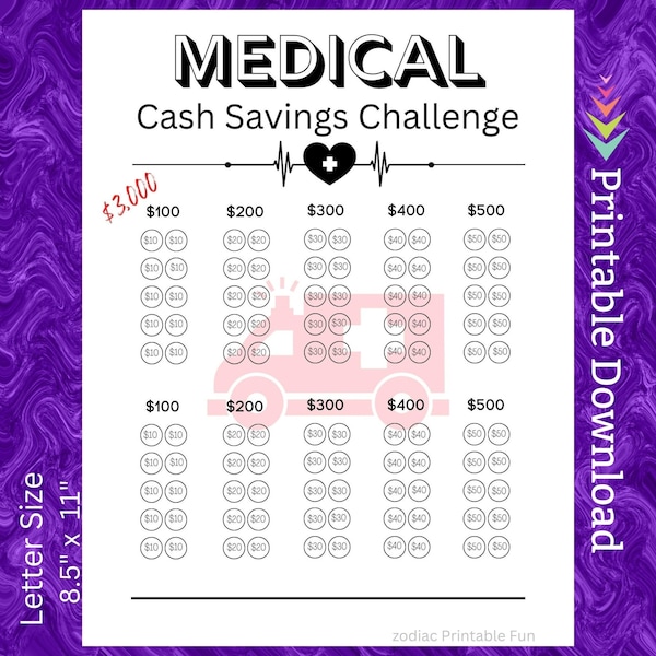 Medical Bill Savings challenge Printable Family Emergency Room Doctor Bills Money Saving Fund for Kids Health Care Cash Budget Tracker