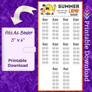 A6 Kids Summer Camp Cash Savings Challenge Activities Printable | A6 Budget Binder Insert | Save money for Camping Adventure Time