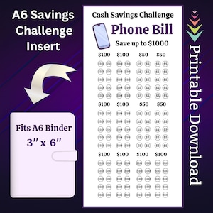 Pode incluir: Rastreador de desafio de economia de conta de telefone imprimível. O rastreador é projetado para caber em uma pasta A6 de 7,6 cm por 15,2 cm. O rastreador tem uma coluna para economizar € 100, € 10 e € 5.