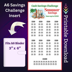 A6 Summer Savings Challenge Printable Insert for Summer Fun Cash Stuffing Paycheck budget for Family Vacation Sinking Funds Money Tracker