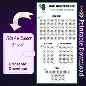 Puede incluir: Plantilla imprimible de desafío de ahorro de dinero para el mantenimiento del automóvil. El rastreador está diseñado para caber en una carpeta A6 de 3 pulgadas por 6 pulgadas. El rastreador incluye secciones para reparaciones, batería, cambios de aceite y neumáticos. Cada sección tiene un objetivo de precio y una cuadrícula de cuadrados para realizar un seguimiento de los ahorros.