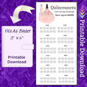 A6 Quinceanera Savings Challenge Printable Mis Quince Anos Money Saving Fund for Teen Girl 15th Birthday Party for Sweet 15 Gift Cash Budget