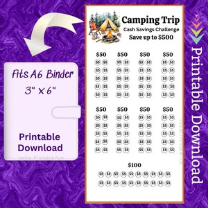 A6 Camping Trip Savings Challenge Printable for Family Road Trip Money Saving Fund for Summer Vacation Travel Plan Savings Tracker Budget