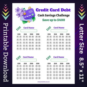 Debt Tracker Savings Challenge Imprimible para pago de tarjetas de crédito Ahorro de dinero Fondos de amortización para cheques de pago familiares Presupuesto para pago de facturas