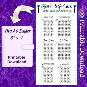 May include: A printable A6 binder sized sheet with a self-care cash savings challenge. The sheet is divided into sections for hair cut, grooming, skin care, clothes, accessories, and cologne. Each section has a list of prices and a grid of circles to track savings.