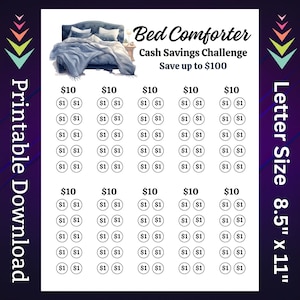 Könnte beinhalten: Ein druckbarer Spar-Challenge-Chart für eine Bettdecke. Die Tabelle ist in zehn Abschnitte unterteilt, die jeweils mit 10 € gekennzeichnet sind. Jeder Abschnitt enthält zehn Kreise, die jeweils mit 1 € gekennzeichnet sind. Die Tabelle soll Menschen helfen, bis zu 100 € für eine neue Bettdecke zu sparen.