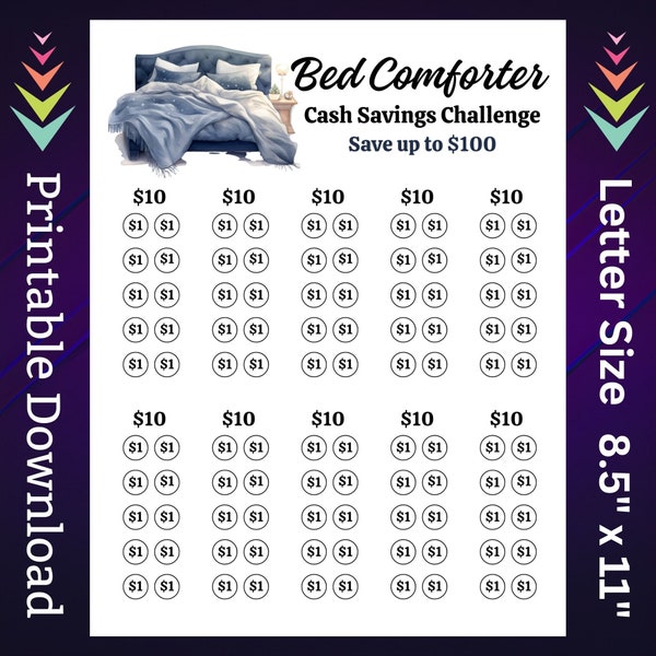 Bed Comforter Savings Challenge Printable for Teen Bedroom Bedding Money Saving Sinking Fund for Family Home Guest Room Blanket Set Budget