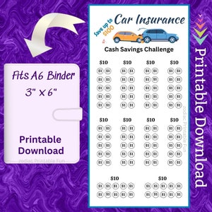 A6 Car Insurance Savings Challenge Printable Auto Insurance Bill Money Saving Budget Binder Insert for First Time Teen Driver Cash Tracker