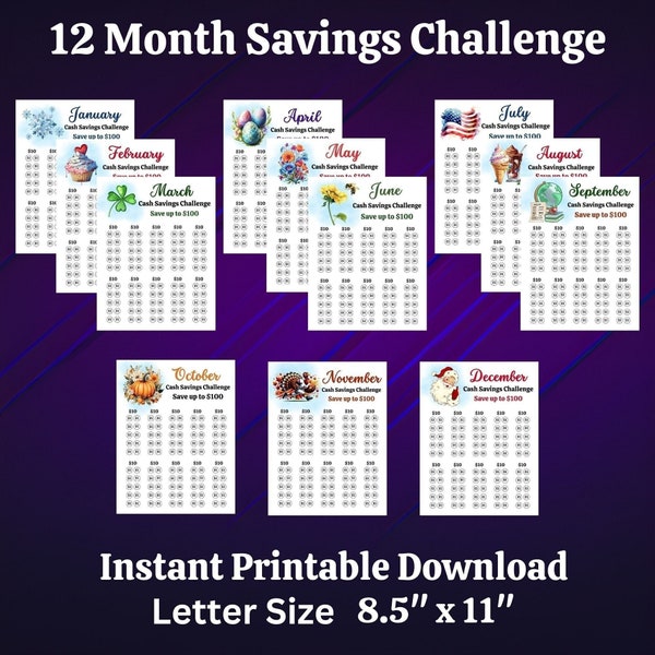 12 Month Savings Challenge Printable for Monthly Money Saving Sinking Funds for Paycheck Cash Budgeting for Family Yearly Budget Tracker