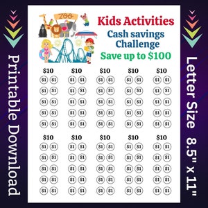 May include: Printable chart for kids to track their savings. The chart has five columns with the title "$10" at the top of each column. Each column has ten rows with circles containing the number "$1" inside each circle. The chart is designed to help kids save up to $100. The image also includes a cartoon illustration of a zoo with animals and a roller coaster.