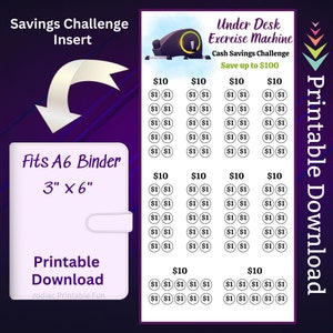 May include: Printable savings challenge insert for an under desk exercise machine. The insert is designed to fit a 3 inch by 6 inch A6 binder. The insert features a chart with 100 circles to track savings. Each circle represents $1. The chart is divided into four sections, each with a $10 goal. The insert is a printable download.