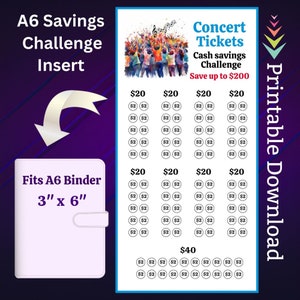 A6 Konzertkarten Spar-Challenge zum Ausdrucken für Musik Band Geld sparen Sinking Funds für Lieblingssänger Tickets für Erwachsene und Kinder 200