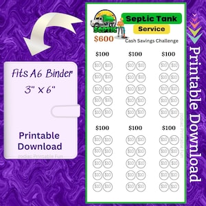 May include: Printable cash savings challenge chart for a septic tank service. The chart is designed to fit a 7.6 cm by 15.2 cm A6 binder. The chart has three columns with the title "£100" at the top of each column. Each column has 10 rows with circles containing the text "£10" inside each circle.