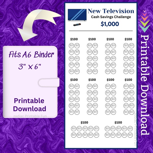 A6 TV Savings Challenge Printable Insert for Family Room Television Money Saving Fund for Teen Bedroom Home Entertainment Cash Tracker