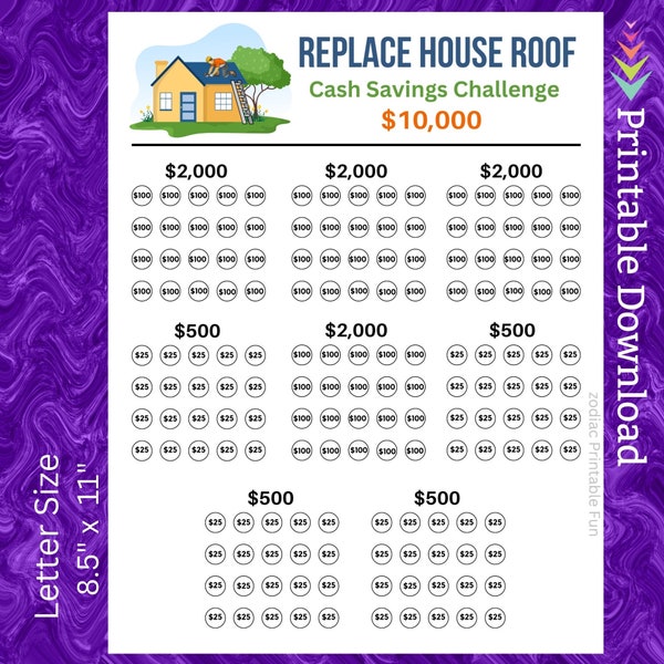 House Savings Challenge Printable for Home Roof Replacement for Roof Repair for Home Improvement Maintenance For Home Renovation for Family