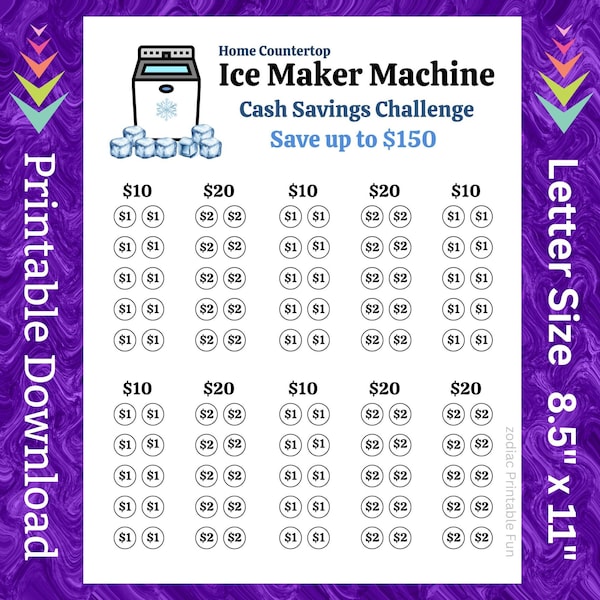 Countertop Ice Cube Maker Savings Challenge Printable for Family Home Kitchen Ice Machine Money Saving Sinking Funds Budget for Cash Saving