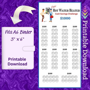 May include: Printable chart for a hot water heater savings challenge. The chart is designed to fit a 3 inch by 6 inch A6 binder. The chart has four columns with the heading "$100" and each column has 10 rows with circles for recording $10 savings. The chart has the text "New Hot Water Heater Cash Savings Challenge $1000" at the top.