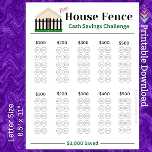 May include: A printable chart for a house fence cash savings challenge. The chart is divided into five columns, each representing a different savings goal: $100, $200, $300, $400, and $500. Each column has 6 rows, with circles for marking off savings amounts. The chart is designed to be printed on 8.5 x 11 inch paper.