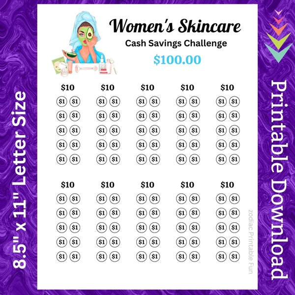 Women Skincare Savings Challenge Printable für jugendliche Hautpflegeprodukte Cash Budget für Mädchen Schönheit Anti-Aging-Creme Geldsparfonds