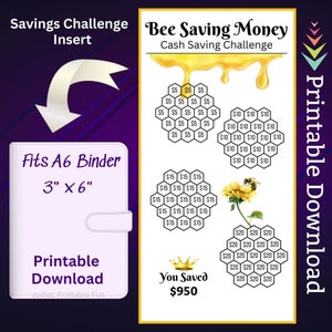 Puede incluir: Inserción imprimible para una carpeta A6 de 7,6 cm por 15,2 cm con temática de abejas para el ahorro. La inserción presenta un diseño de panal con cantidades en euros, un girasol y una abeja. El texto "Bee Saving Money" y "Cash Saving Challenge" está en la parte superior de la inserción. El texto "You Saved 950€" está en la parte inferior de la inserción.