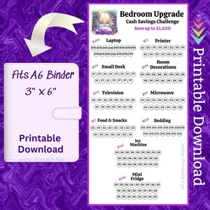 Könnte beinhalten: Eine druckbare Spar-Challenge-Tabelle für die Schlafzimmer-Renovierung. Die Tabelle enthält Abschnitte für einen Laptop, Drucker, kleinen Schreibtisch, Raumdekorationen, Fernseher, Mikrowelle, Essen & Snacks, Bettwäsche, Eismaschine und Mini-Kühlschrank. Das Design passt in einen A6-Ordner.