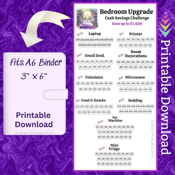 A6 Bedroom Savings Challenge Printable for Bedroom Upgrade Money Saving Fund for Room Makeover Cash Savings Budget for Adults for Teen Room