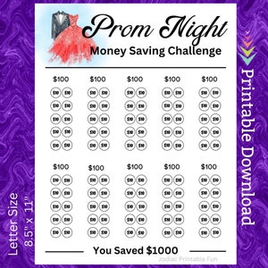 Prom Night Savings Challenge Printable for Senior Year Class of 2024 Dance for High School Student Money Saving Fund for Teen Boy Girl