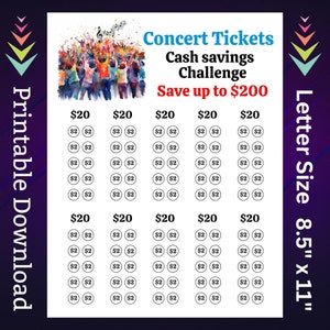 Konzertkarten-Spar-Challenge zum ausdrucken für Musik-Konzert-Geld, das sinkende Mittel für Musik-Band-Sänger-Karte für Erwachsene und Kinder 200 spart