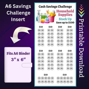 May include: A printable A6 binder insert for a cash savings challenge. The challenge is to save up to £100 on household supplies. The image shows a colourful illustration of household cleaning supplies and a bucket. The insert has a grid of circles with pound sterling amounts to track savings.