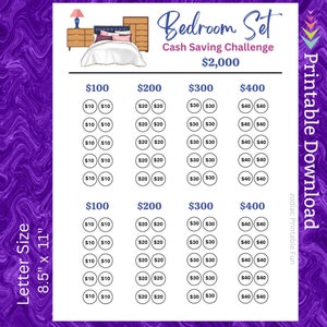 Könnte beinhalten: Druckbarer Spar-Challenge-Chart für ein Schlafzimmer mit einem Ziel von 2.000 €. Die Tabelle ist in vier Spalten unterteilt: 100 €, 200 €, 300 € und 400 €. Jede Spalte hat zehn Zeilen mit Kreisen, die den zu sparrenden Betrag jedes Mal enthalten. Die Tabelle ist 21,6 cm x 27,9 cm groß.