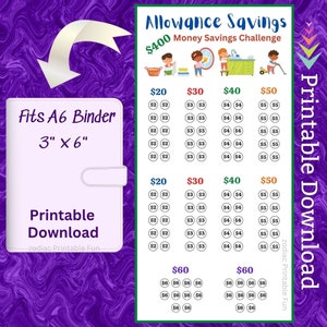 May include: Printable allowance savings chart for kids. The chart is designed to fit a 3 inch by 6 inch A6 binder. The chart has a purple background with a white border. The chart is divided into four sections, each with a different amount of money: $20, $30, $40, and $50. Each section has a grid of squares, each representing a dollar amount. The chart also includes a section for $60, with a grid of squares representing six dollars each.