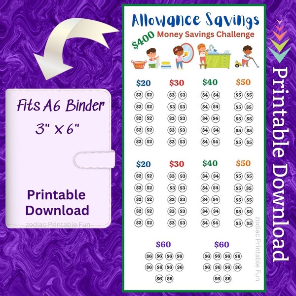 A6 Kids Allowance Savings Challenge Printable Budget Binder Insert for Children Budgeting Cash Savings Tracker to Teach kids to Save Money