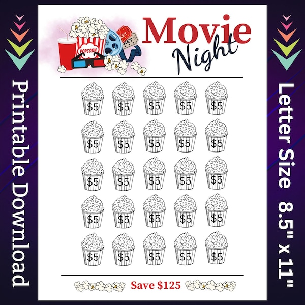 Movie Savings Challenge Printable for Family Night Out Money Saving Sinking Fund for Couples Date Night Theatre Tickets Cash Budget Tracker