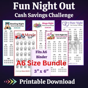 May include: A printable bundle of six A6-sized money saving challenge cards. The cards feature different themes, including bowling, bingo, movie night, date night, and girls' night out. Each card has a grid with dollar amounts to track savings. The cards are designed to fit in a 3-inch by 6-inch binder.