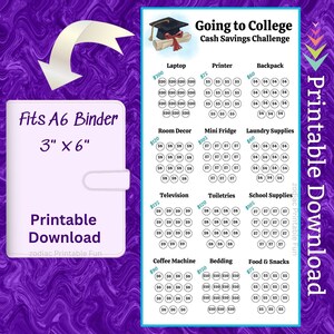 May include: A printable chart for a college cash savings challenge. The chart is designed to fit a 3-inch by 6-inch A6 binder. The chart includes categories for saving money for a laptop, printer, backpack, room decor, mini fridge, laundry supplies, television, toiletries, school supplies, coffee machine, bedding, food and snacks. Each category has a price goal and a grid of squares to track savings.