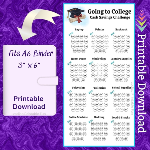A6 College Planner Savings Challenge Printable for Dorm Room Essentials Money Saving Fund for Student School Supplies Income Budget Tracker