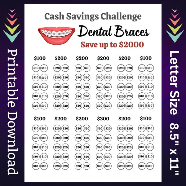 Dental Braces Savings Challenge Printable for Orthodontics Money Saving Sinking Fund for Family Teeth Cash Budget Tracker for Adults Kids