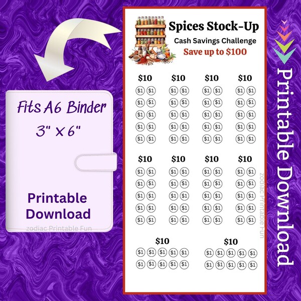 A6 Spice Savings Challenge Printable Kitchen Cooking Spice and Herbs Stock-Up Money Savings Tracker for Seasoning Powder for Cook Chef Baker