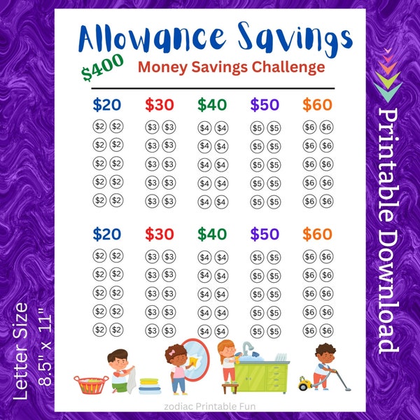 Kids Allowance Savings Challenge Printable for Children Budgeting Cash Savings Tracker to Teach kids to Save Money for Chores Earnings Pay