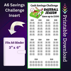 Puede incluir: Un rastreador de desafíos de ahorro de béisbol imprimible. El rastreador está diseñado para caber en una carpeta A6 de 7,6 cm por 15,2 cm. El rastreador tiene un tema de béisbol e incluye un jugador de béisbol golpeando una pelota. El rastreador tiene un total de 40 espacios para rastrear los ahorros. Cada espacio vale 1 €. El rastreador tiene como objetivo ahorrar hasta 100 €.